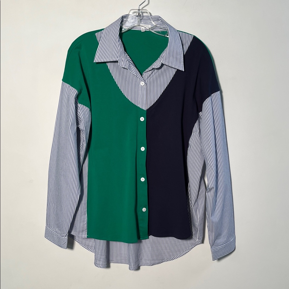 JOH APPAREL "Wynn" Coastal Grandma Coll Block Stripe Ponte Office Blouse Top XL